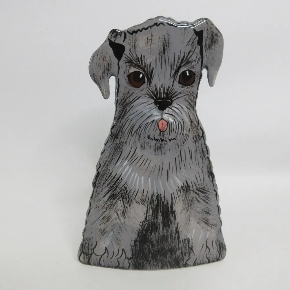 Schnauzer Dog by Nina Lyman Porcelain Vase Hand Painted 8” Tall Black Gray